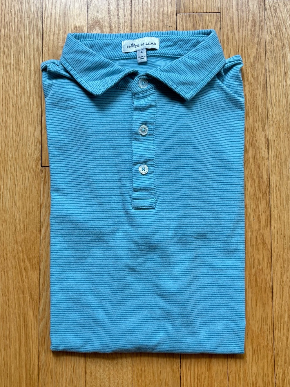 Peter Millar Crown Comfort Men’s Short Sleeve Polo Shirt Large Green Blue Stripe